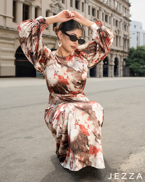 Printed Satin Pleated-Sleeve Dress 65481