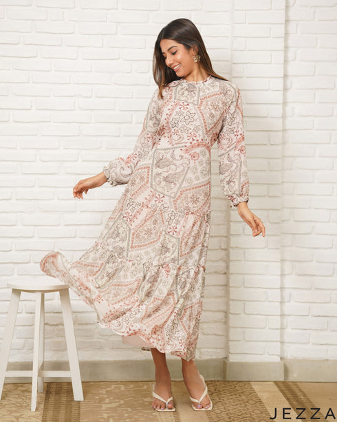 Mosaic Flow: Printed Chiffon Ankle Dress 81661