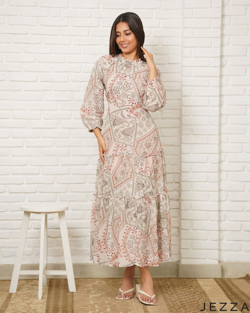 Mosaic Flow: Printed Chiffon Ankle Dress 81661