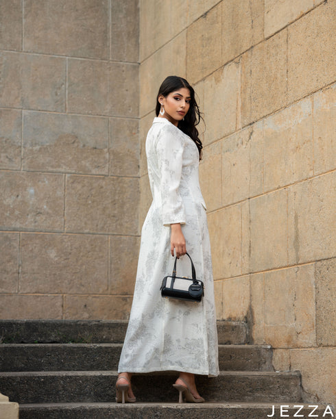 Elegant Blooms: White & Grey A-Line Dress 77271