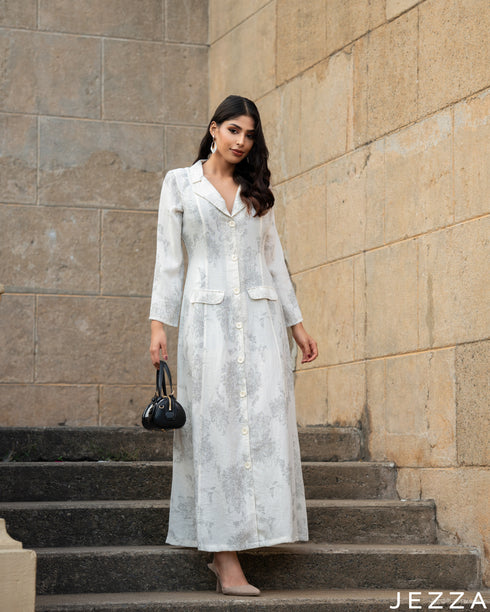 Elegant Blooms: White & Grey A-Line Dress 77271