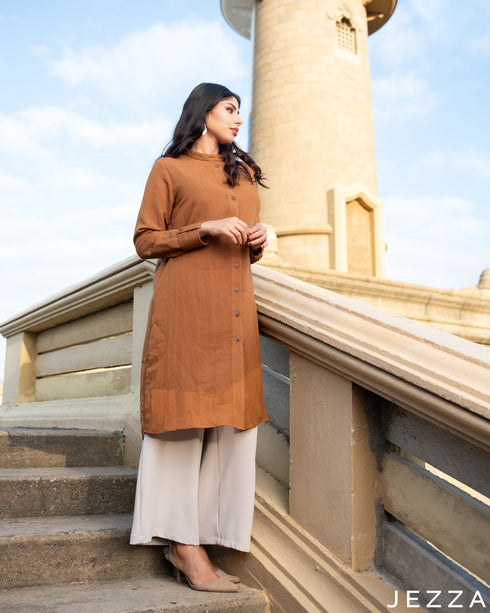 Earthy Poise: Brown Mandarin Midi Top 76591