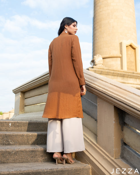 Earthy Poise: Brown Mandarin Midi Top 76591
