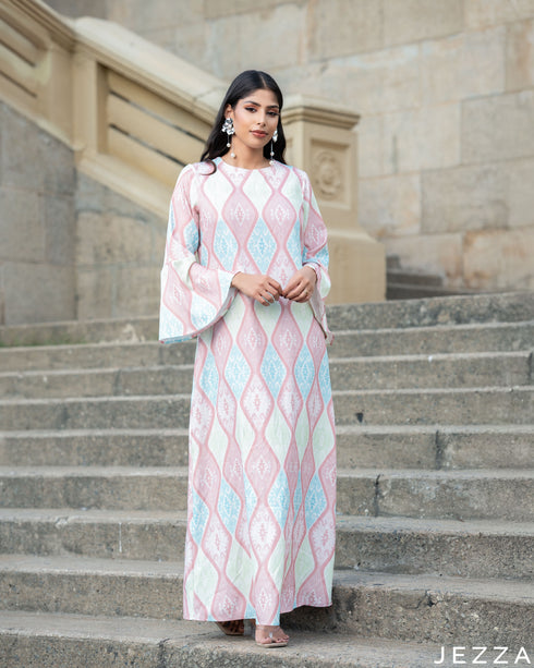 Geometric Elegance: Stone-Embellished A-Line Dress 77521