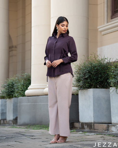 Regal Ease: Eggplant Collared Hip Top 73522