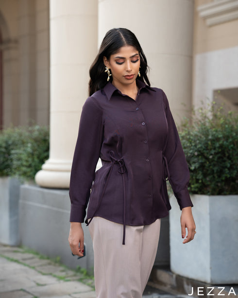 Regal Ease: Eggplant Collared Hip Top 73522