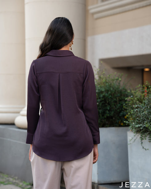 Regal Ease: Eggplant Collared Hip Top 73522