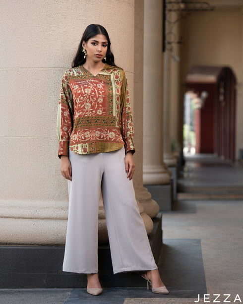 Artful Luxe: Satin Patchwork Hoodie Top 76581