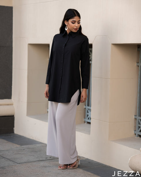 Classic Ease: Black Collared Below-Hip Top 51252