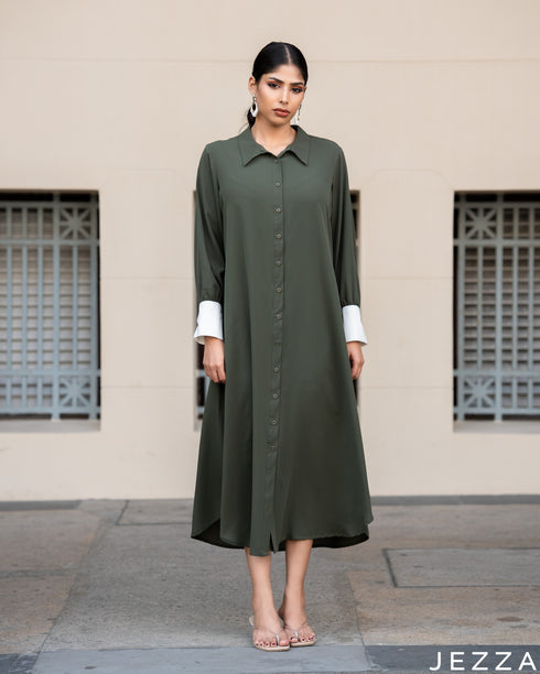 Verdant Ease: Juniper Green Collared Midi Top 68682