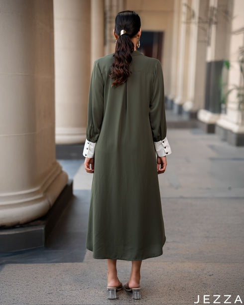 Verdant Ease: Juniper Green Collared Midi Top 68682