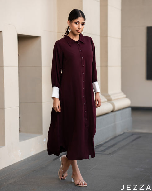 Rich Poise: Wine Red Collared Midi Top 68681