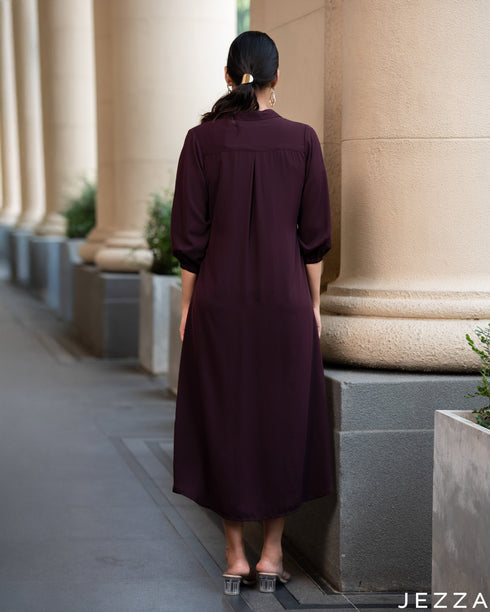 Warm Elegance: Mahogany Red Collared Midi Top 68683