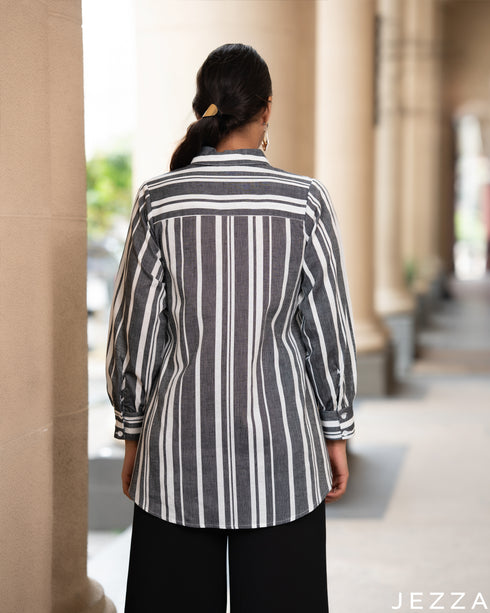 Striped Elegance: Black & White Collared Top 73061