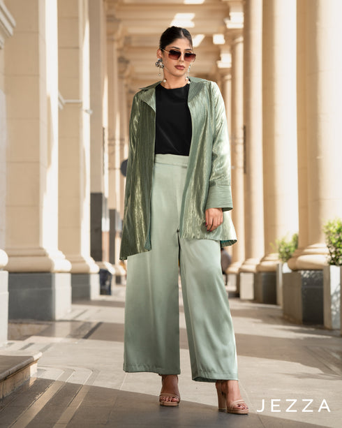 Textured Longline Jacket & Satin Pant Set 64182