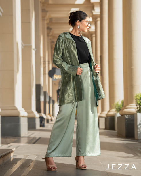 Textured Longline Jacket & Satin Pant Set 64182