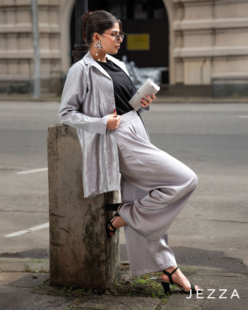 Textured Longline Jacket & Satin Pant Set 64181