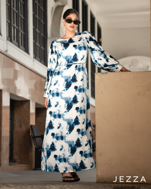 Printed Satin Pleated-Sleeve Dress 66281