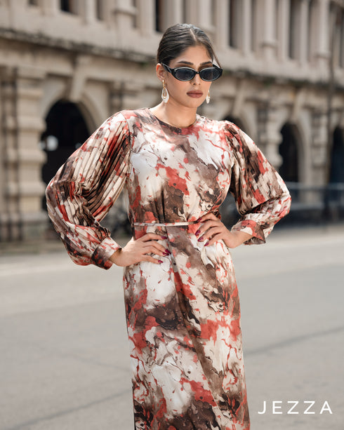 Printed Satin Pleated-Sleeve Dress 65481