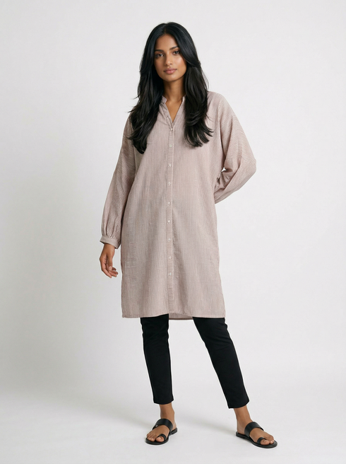 Dual Tone: Striped Mandarin Neck Top 79602