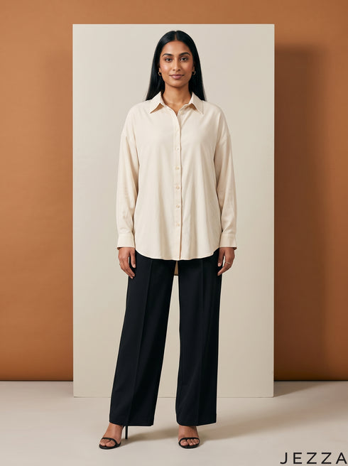 Ivory Ease: Relaxed Poly Cotton Below Hip Top 90361