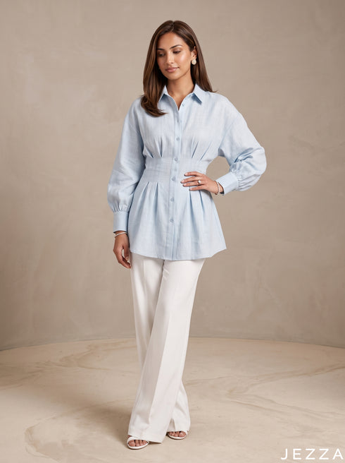 Skyline Ease: Light Blue Cotton Hip Top 87072