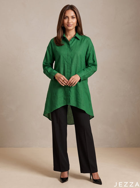 Forest Tone: Dark Green Slub Polyester Hip Top 87162
