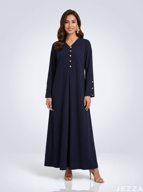 Midnight Flow: Navy Blue Polyester A-Line Dress 88401
