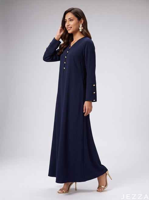 Midnight Flow: Navy Blue Polyester A-Line Dress 88401