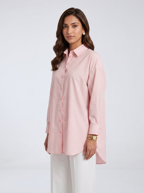 Pinstripe Poise: Pink Above Knee Top 87523
