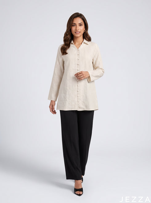 Pinstripe Grace: White Poly Cotton Below Hip Top 86891