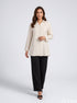 Pinstripe Grace: White Poly Cotton Below Hip Top 86891