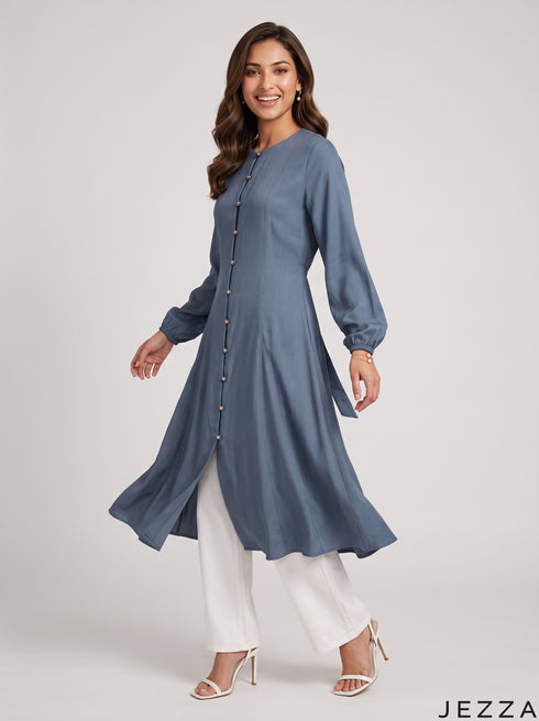 Midnight Ease: Dark Blue Cotton Knee Top 81082
