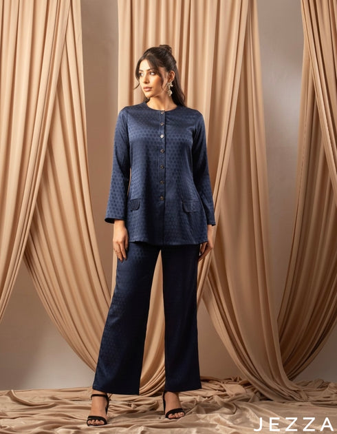 Regal Navy Brocade: Structured Two-Piece Set 68671