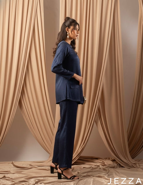 Regal Navy Brocade: Structured Two-Piece Set 68671