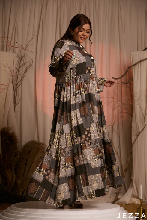Patchwork Ease: Mandarin Collar Maxi Dress 83621