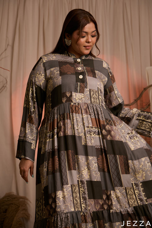 Patchwork Ease: Mandarin Collar Maxi Dress 83621