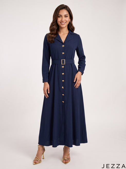 Navy Poise: Poly Cotton A-Line Dress 90372
