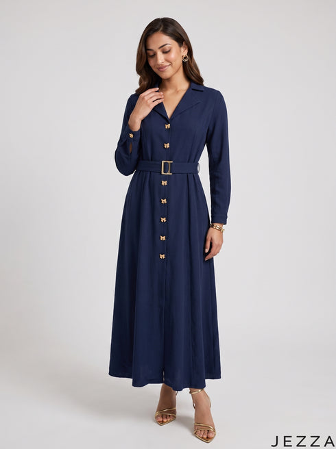 Navy Poise: Poly Cotton A-Line Dress 90372