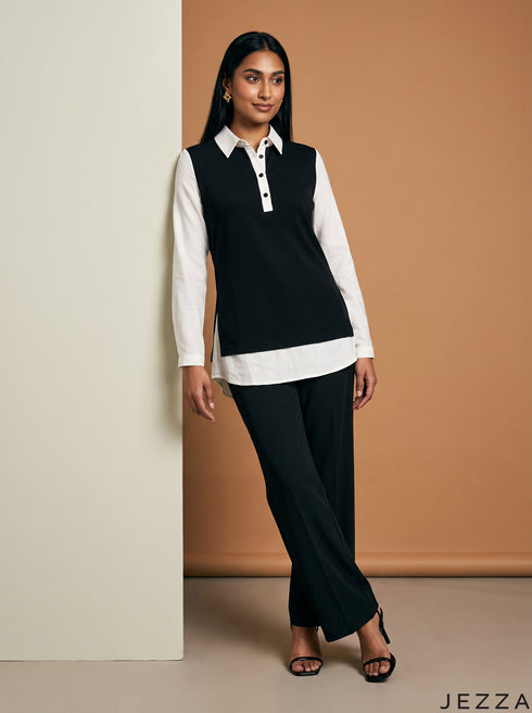 Monochrome Ease: Rib & Cotton Below Hip Top 88201