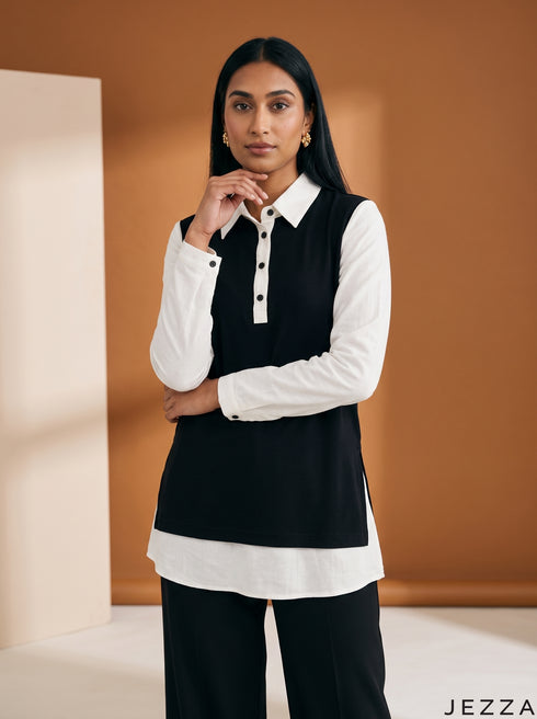 Monochrome Ease: Rib & Cotton Below Hip Top 88201