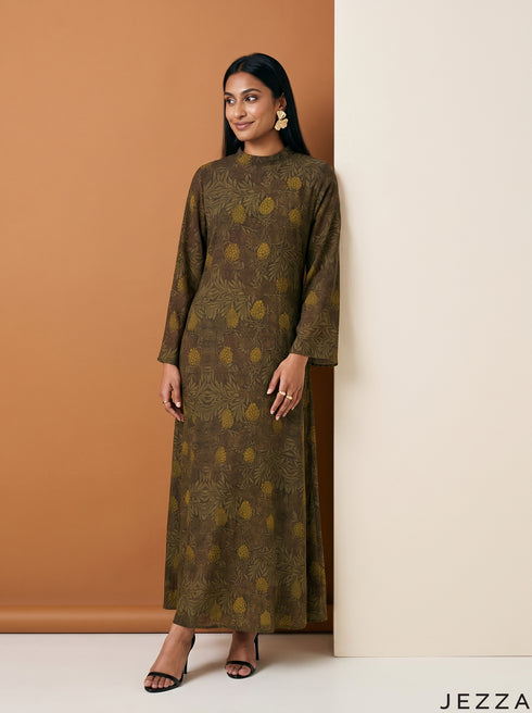 Leaf Whisper: Abstract Chiffon A-Line Dress 88271