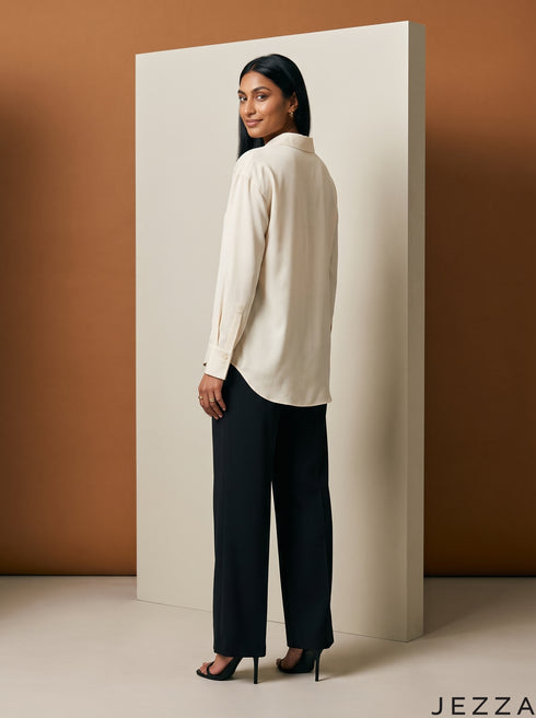 Ivory Ease: Relaxed Poly Cotton Below Hip Top 90361