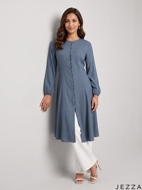Midnight Ease: Dark Blue Cotton Knee Top 81082