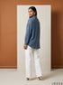 Deep Blue Ease: Relaxed Poly Cotton Below Hip Top 90362