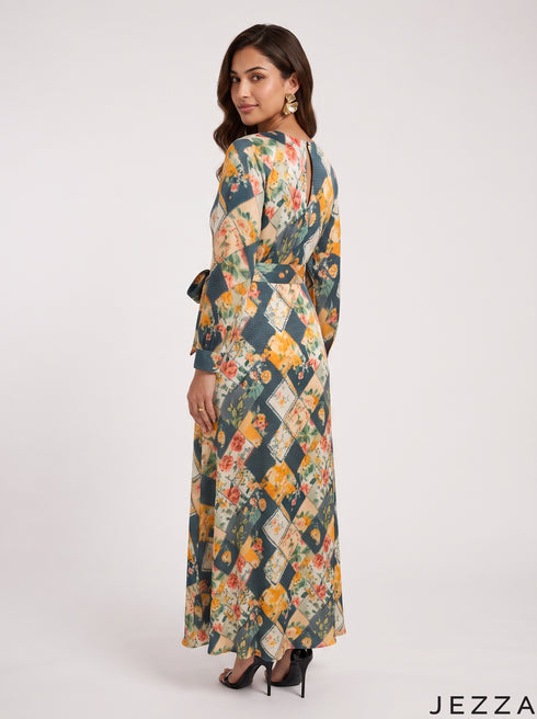 Botanical Whisper: Abstract Crepe Satin Long Dress 87661