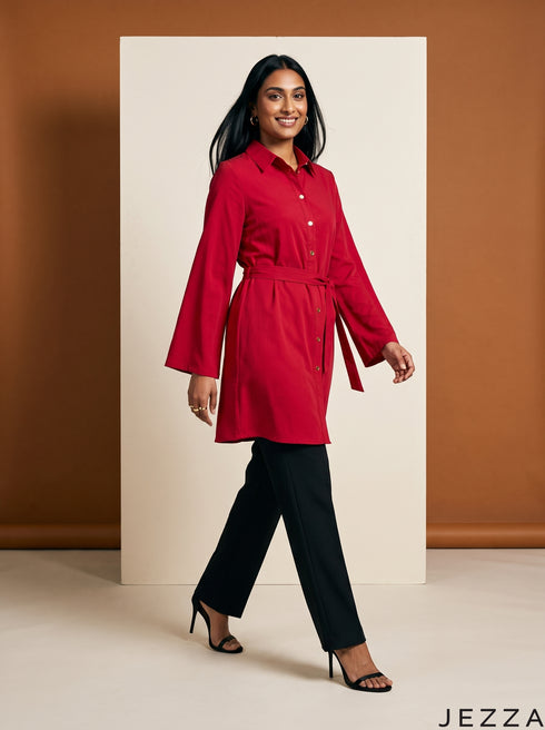 Ruby Ease: Red Poly Cotton Above Knee Top 90731