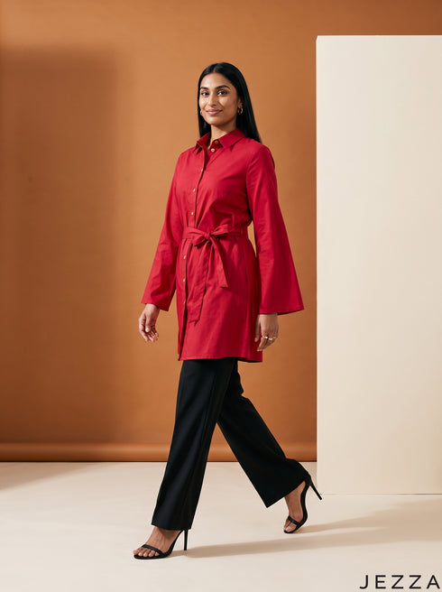Ruby Ease: Red Poly Cotton Above Knee Top 90731