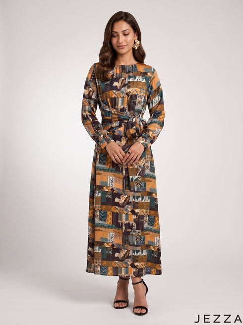 Geometric Aura: Crepe Satin Long Dress 87662
