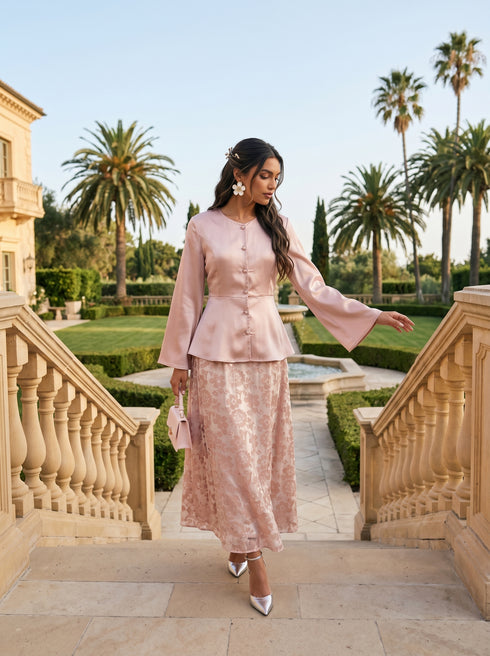 Rose Ensemble: Satin Top & Organza Brocade Skirt Set 90201